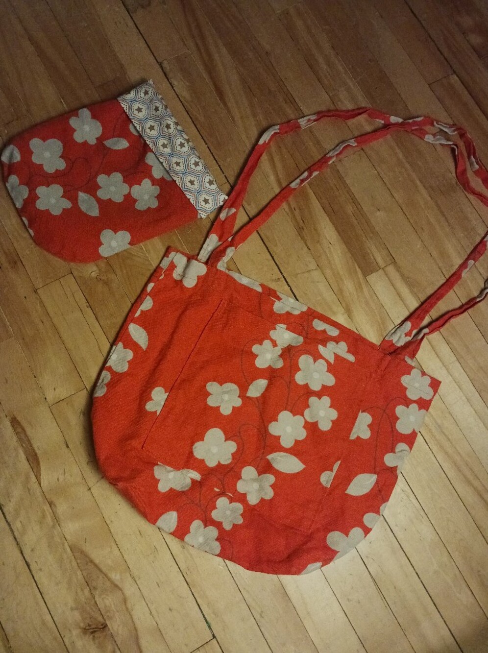 Handmade Cotton Tote Bag + Pouch Set Orange Floral Reusable Shopping Market Bag